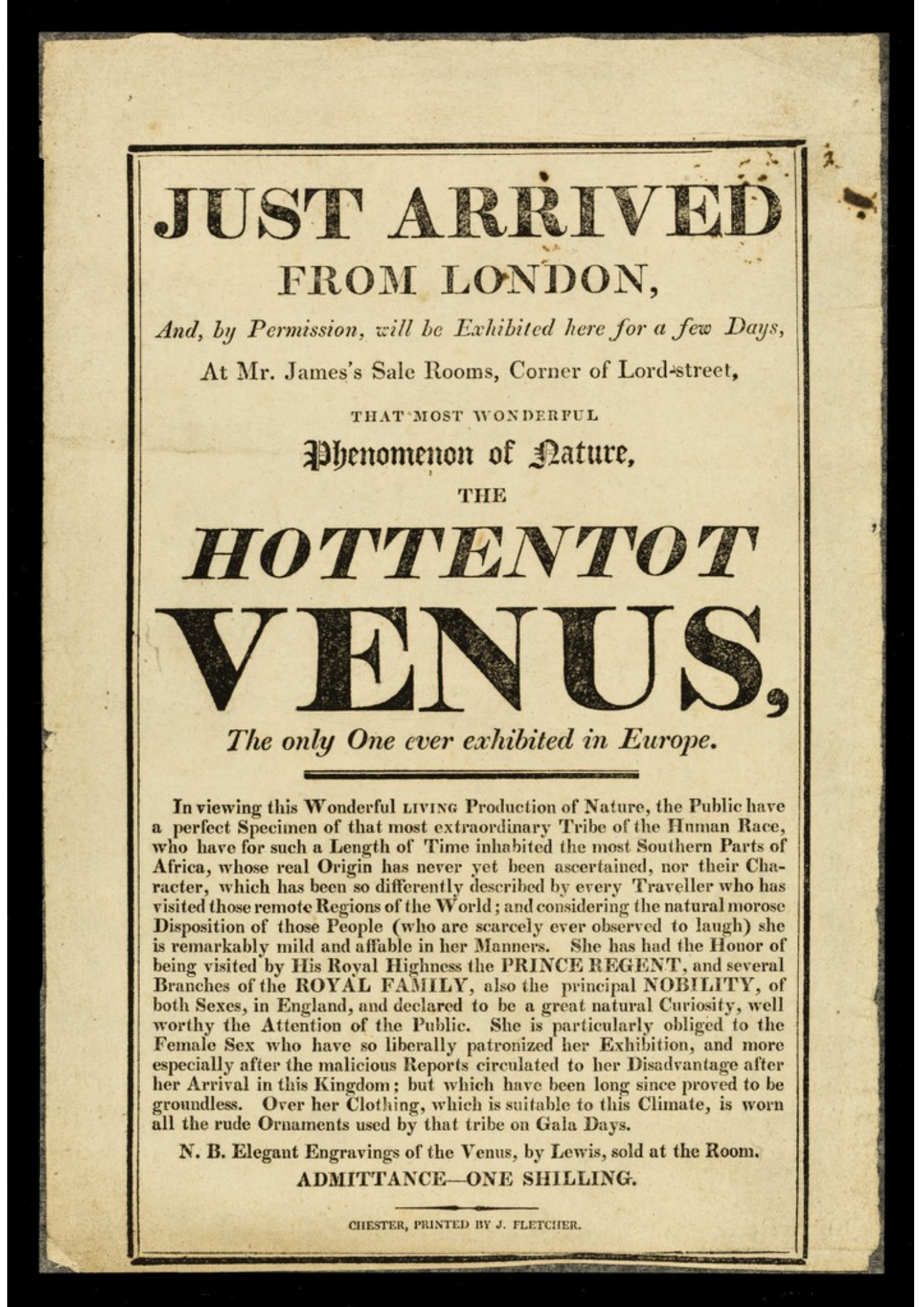 Surviving Chester exhibition advertisement headed Hottentot Venus, with an admission price of one shilling and an offer to sell engravings.