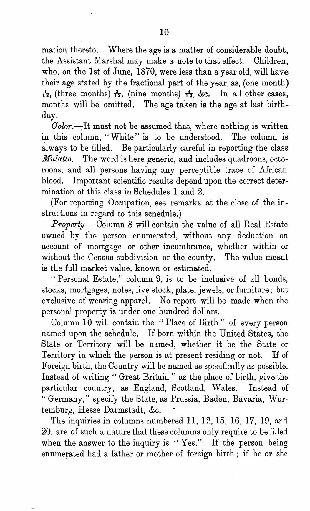 Page 10 of the 1870 U.S. census instructions, including the paragraph directing marshals to classify people as mulatto based on a perceived trace of African ancestry.