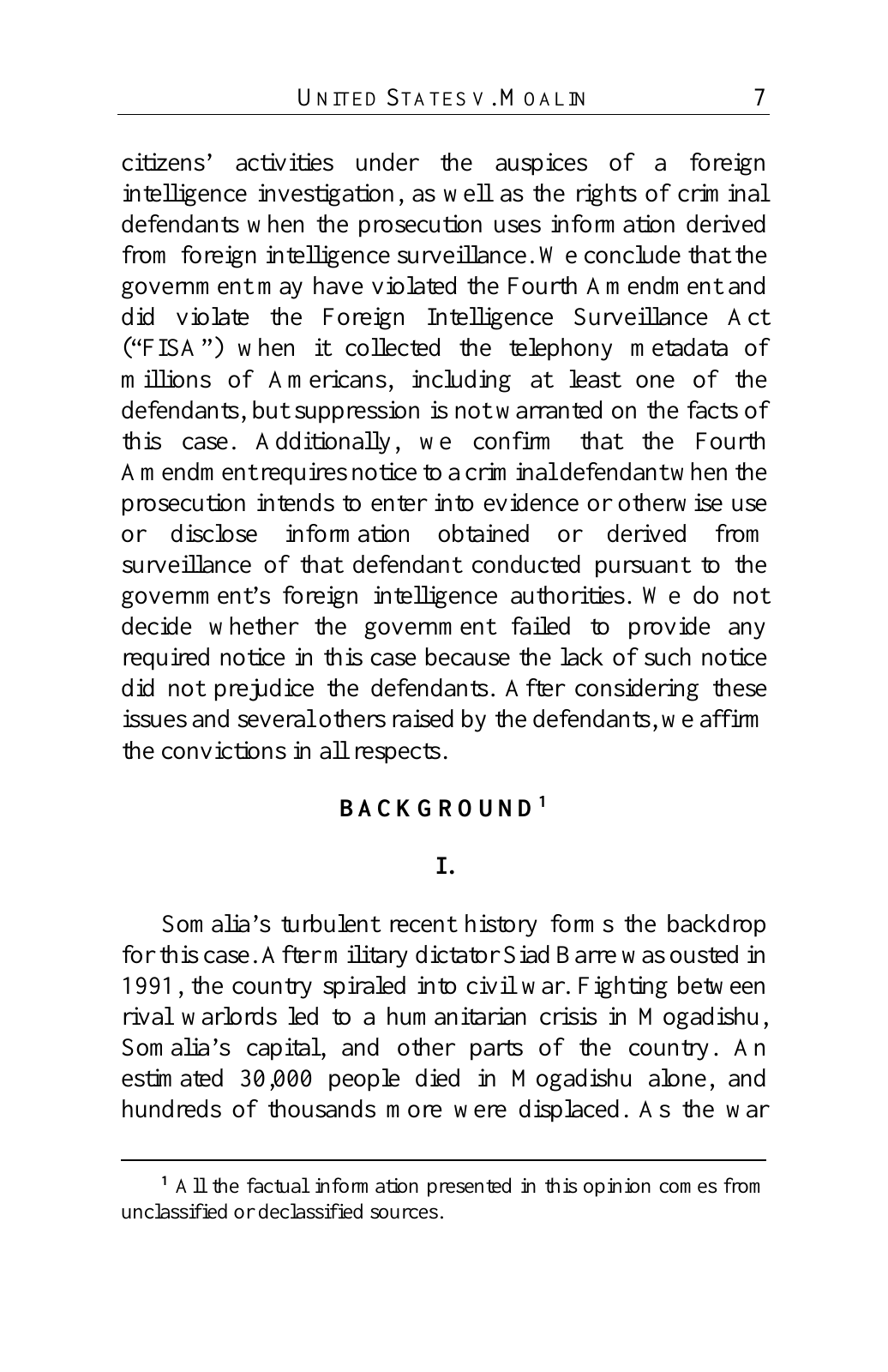 Page 7 of the Ninth Circuit’s 2020 Moalin opinion, stating that bulk telephony metadata collection violated FISA while affirming the defendants’ convictions.